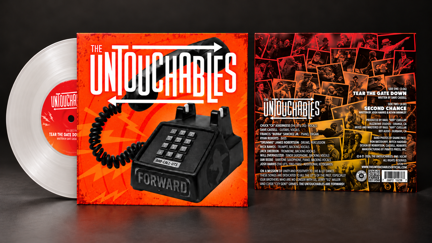 The Untouchables 7-inch sleeve front with white vinyl partially exposed on the left, and the full back-cover artwork alongside it